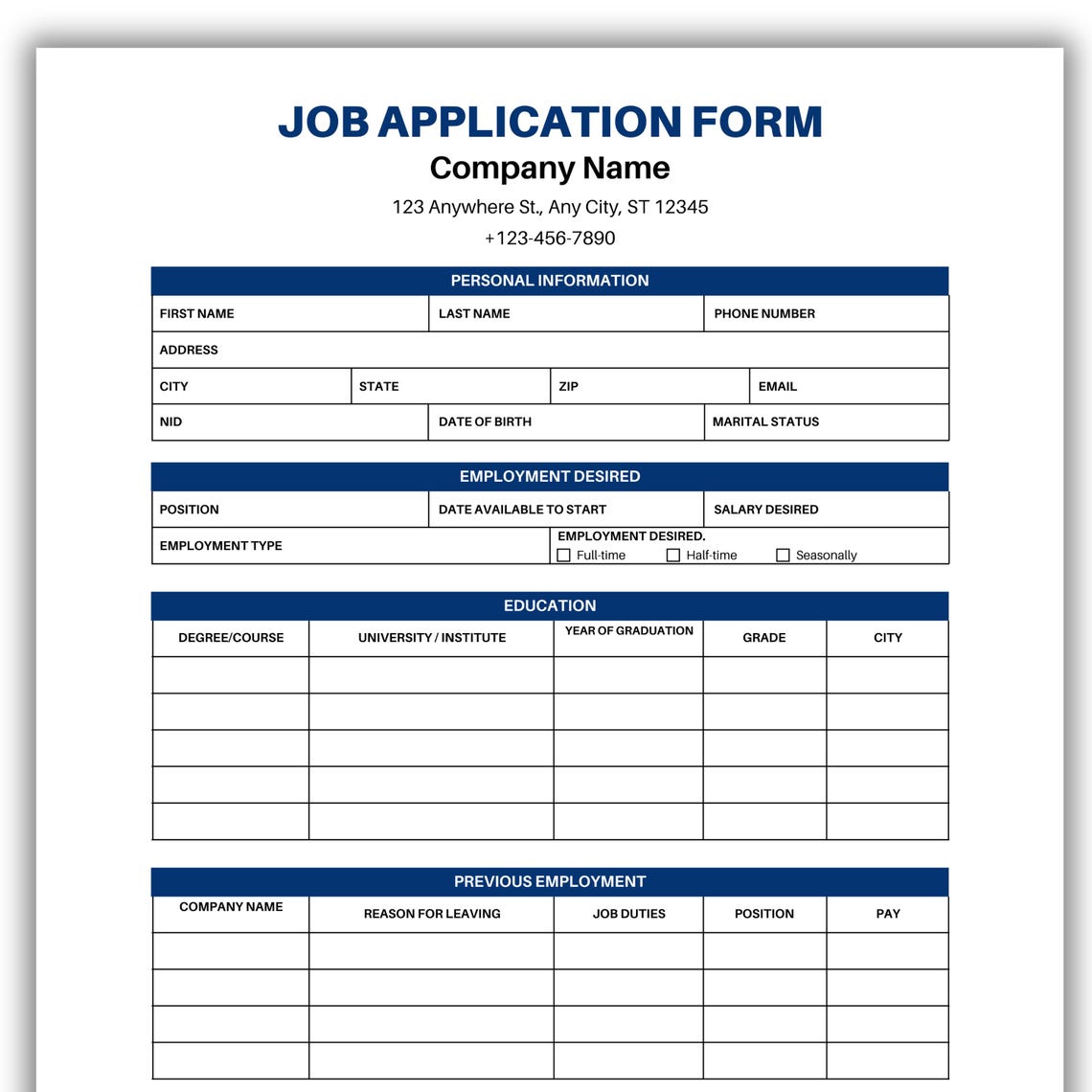 Editable Job Application Form Template Canva Professional Employment ...