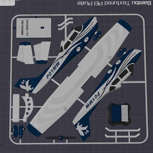 May include: A plastic model kit featuring airplane parts, including wings, fuselage, and tail sections. The parts are primarily white and blue, with the text "Cessna 172 Skyhawk" and "P01MW" visible. The kit is on a gray background.