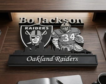 Bo Jackson Raiders #34 Player Display – 3D Layered Desk Sign – Oakland Football Fan Decor