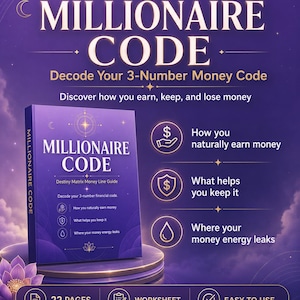 May include: A digital PDF guide titled Destiny Matrix Guide Millionaire Code, featuring a purple cover with gold text and celestial graphics. The guide includes 22 pages, a worksheet, and sections on earning, keeping, and losing money energy.