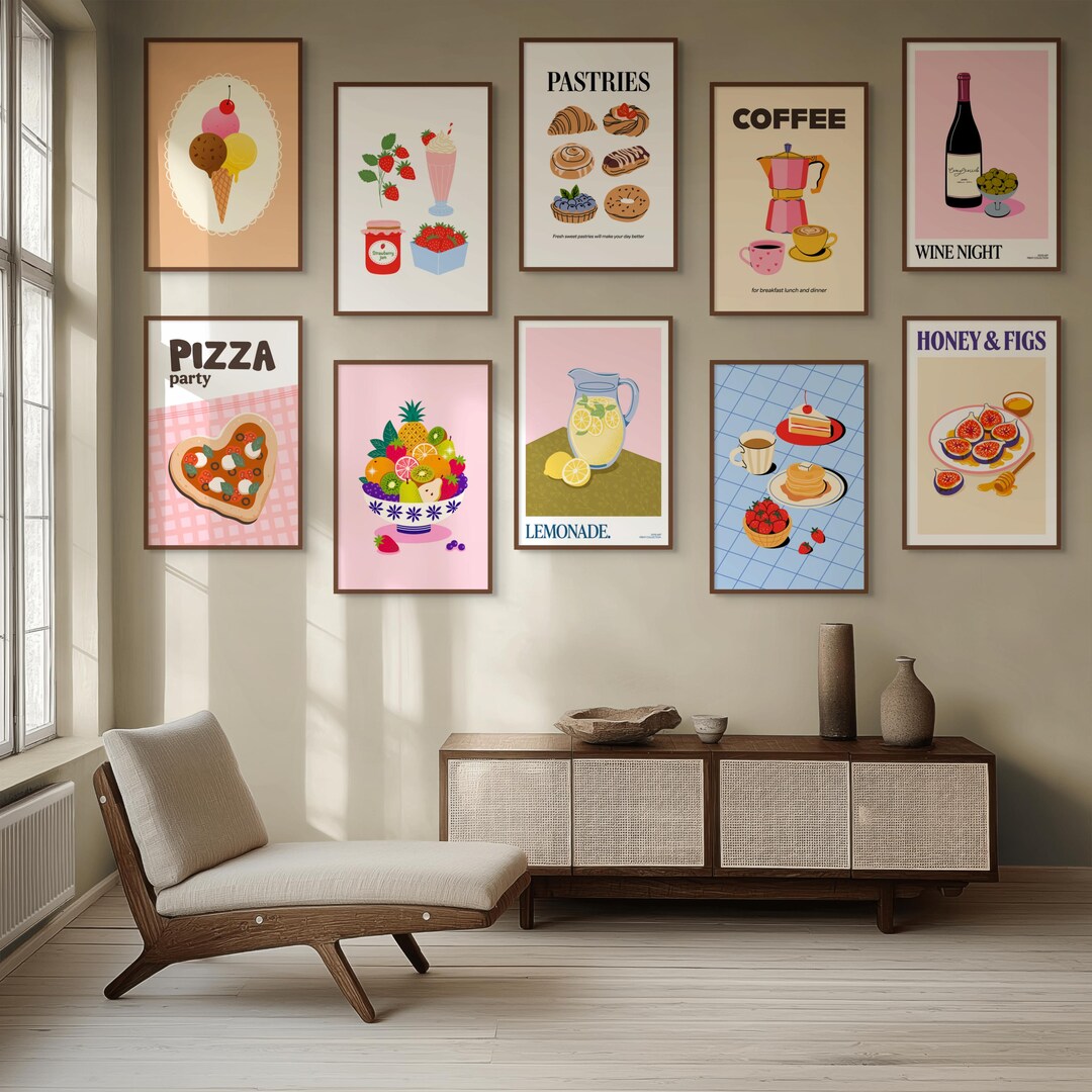 kitchen wall art set retro pie vintage printable... Retro Kitchen Wall Art Set of 10, Printable Food Poster Bundle, Cafe ...