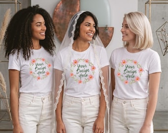 Mockup vrijgezellenfeestgroep T-shirt | Wit Bella Canvas 3001 bruidsshirt voor dames