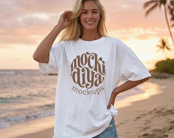 Comfort Colors 1717 wit T-shirtmodel | Boho Summer Beach Lifestyle (digitale png-download)