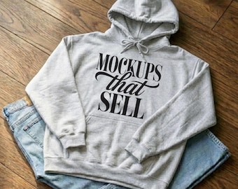 Gildan 18500 asgrijze hoodiemodel – minimalistische kleding, plat gelegd hout (digitale png-download)