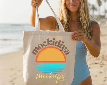 Mockup strandtas | Zomerse levensstijl, echt model (digitale download)