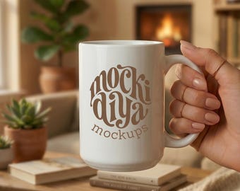 Mockup witte keramische mok van 15 oz – gezellige foto in boho-stijl (digitale download)