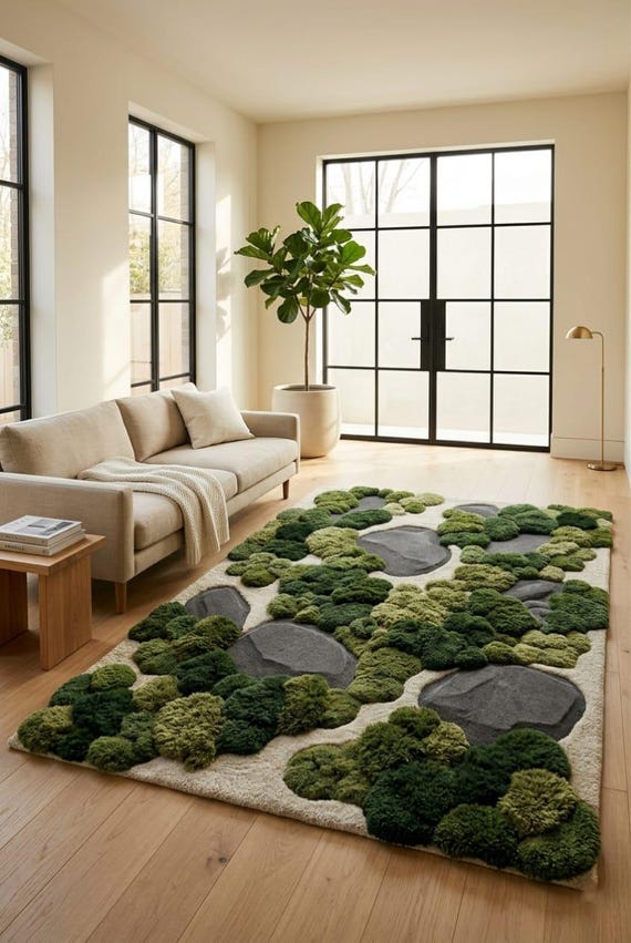 Moss Rug Handmade | Tufted New Zealand Wool Rug | Japanese Zen Stone Carpet | Organic Green Area Rug Decor