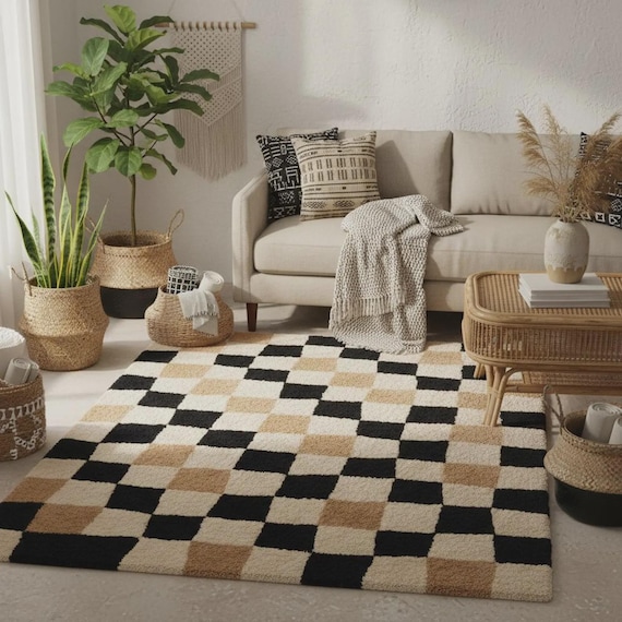 Mid Century Modern Shag Rug, Retro Wavy Area Rug, Earth Tone Abstract Swirl Carpet for Cozy Living Rooms