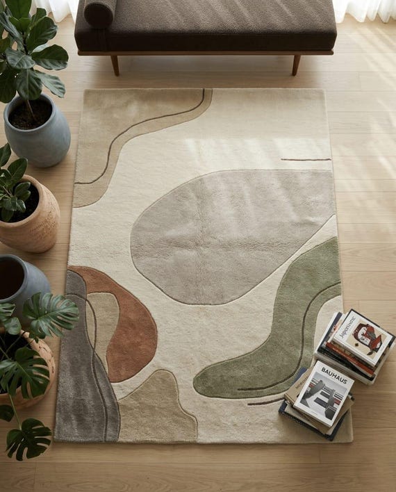 Artisanal Ambience Wool Rug - Organic Shape Abstract Area Rug, Muted Sage Green Terracotta Carpet, Japandi Modern Runner Round Rectangle Rug