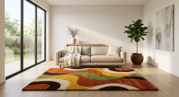 Retro Geometric Wave Rug – Hand-Tufted New Zealand Wool Shag Carpet