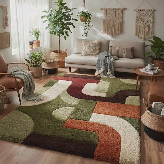 Mid Century Modern Shag Rug, Retro Abstract Area Rug, Earth Tone Geometric Carpet, Plush HandCrafted Living Room Rug, Vintage Inspired Decor