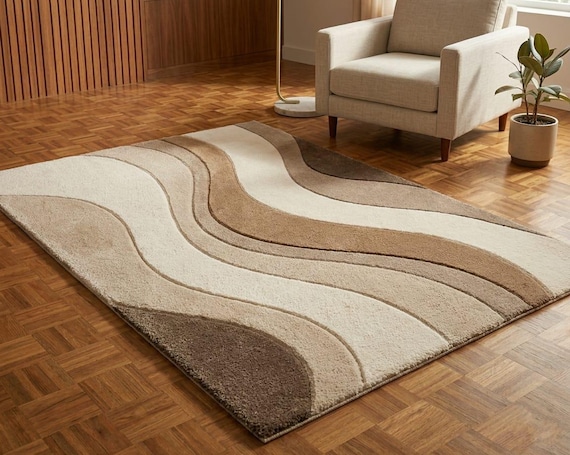 Hand Tufted Neutral Rug, Beige Wave Wool Carpet, Scandinavian Japandi Area Rug, Custom 8x10 9x12