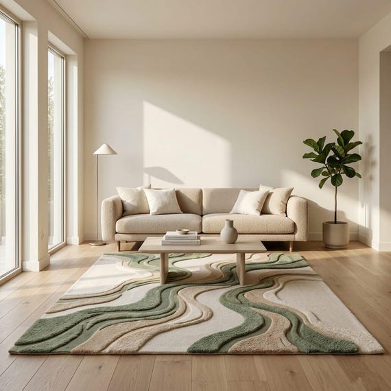 Organic Modern Handmade Wool Rug, Sculpted Japandi Area Rug, Sage Green Neutral Tufted Carpet, Scandinavian Decor, 8x10 9x12 Custom