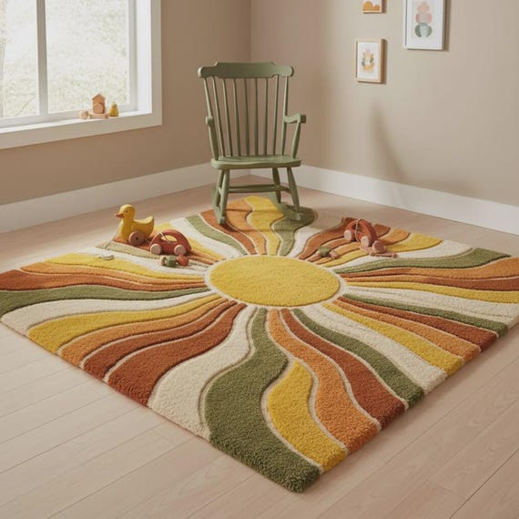 Sunburst Boho Wool Area Rug Mid Century Living Room-kids room, dining room rug.