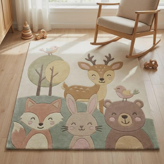 Woodland Nursery Rug, Forest Animal Kids Room Rug, Deer Fox Bear Bunny Playroom Carpet, Baby Girl Boy Room Decor, Montessori Soft Area Rug