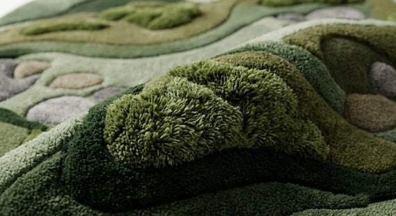 Organic Moss Green Rug, Handmade Abstract Wool Rug, Sculpted Japandi Area Carpet, Biophilic Modern Rug 8x10 9x12 Custom