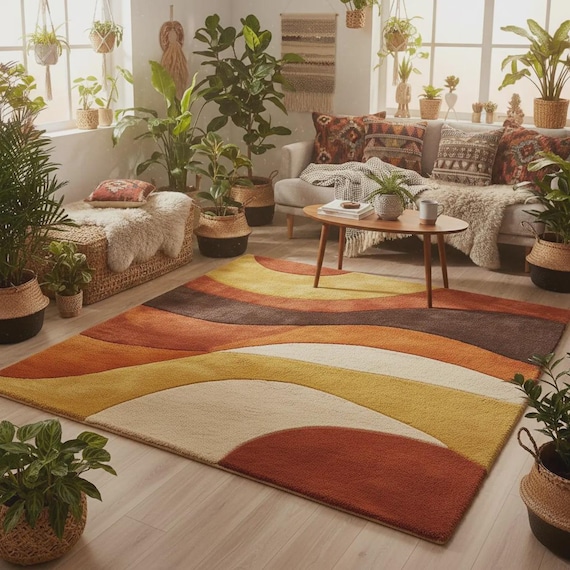 Retro Area 70s Rug • Mid Century Modern Rug • Groovy Abstract Tufted Carpet • Vintage Handcrafted Rug • Warm Color Rug • Boho Geometric Rug