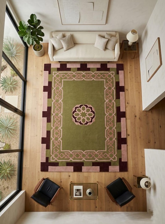 Handmade Wool Moroccan Inspired Rug, Olive Green & Blush Pink Area Rug, Luxury Modern Rug, Hand Tufted Carpet, 8x10 9x12 Custom