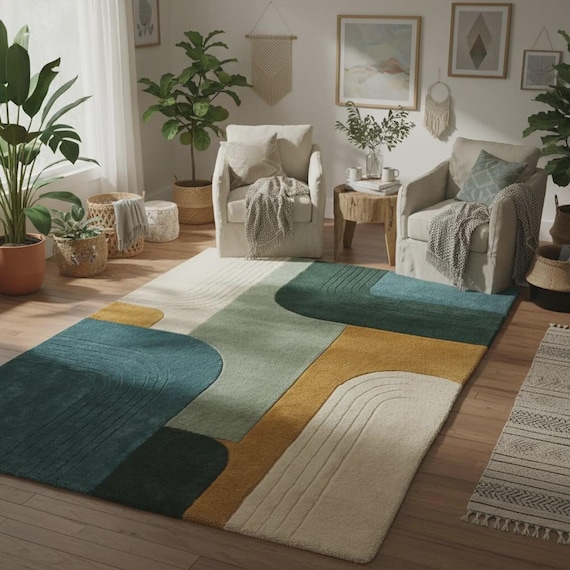 Mid Century Modern Geometric Rug, Abstract Green Teal Mustard Area Rug for Living Room