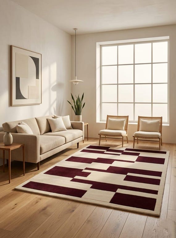 Modern Burgundy Geometric Rug, Handmade New Zealand Wool Area Rug, Japandi Scandinavian Carpet, Plush Abstract Rug 8x10 9x12 Custom