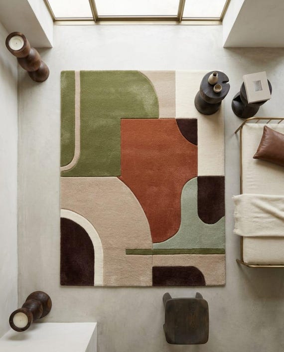 Hand Tufted Wool Rug – Abstract Sage Rust, Mid Century Modern Area Carpet