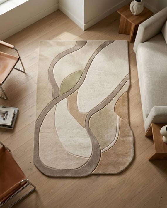 Organic Modern Handmade Wool Rug, Japandi Sculpted Area Rug, Neutral Beige Tufted Rug, Luxury Scandinavian Carpet, 8x10 9x12 Custom