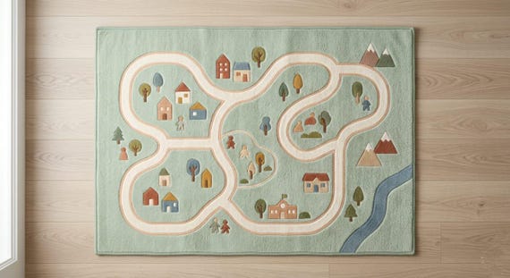 Village Road Play Rug - Hand Tufted Wool Children’s Area Carpet - Sage Green Soft Nursery Rug for Kids Room Decor - Custom Sizes Available