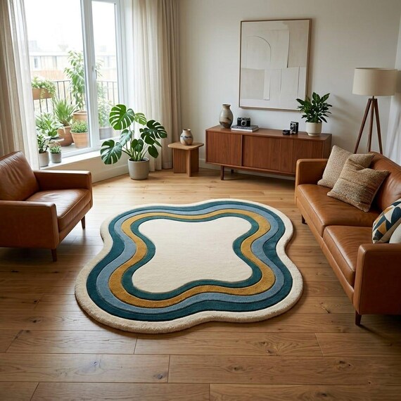 Organic Shape Handmade Wool Rug, Scandinavian Modern Tufted Area Rug, Japandi Luxury Carpet, Custom Wavy Rug 8x10 9x12