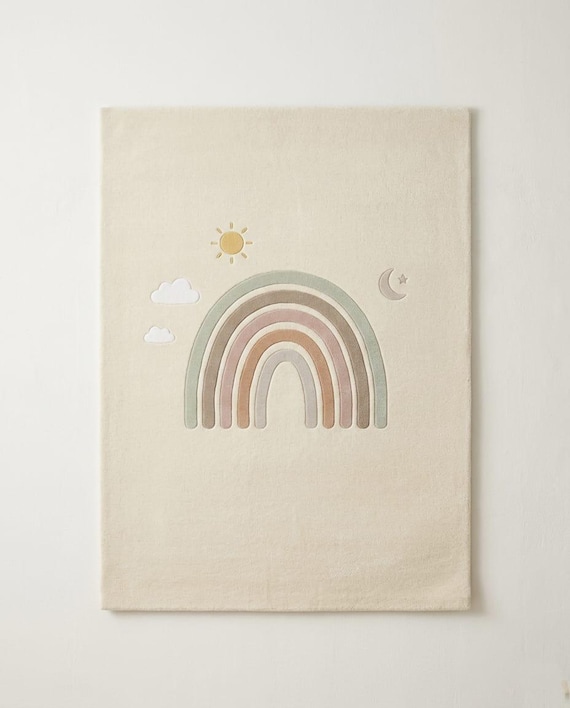 Rainbow Nursery Rug - Hand-Tufted Wool Kids Area Rug, Pastel Boho Playroom Decor, Soft Sun Moon Cloud Carpet, Gender Neutral Baby Rug