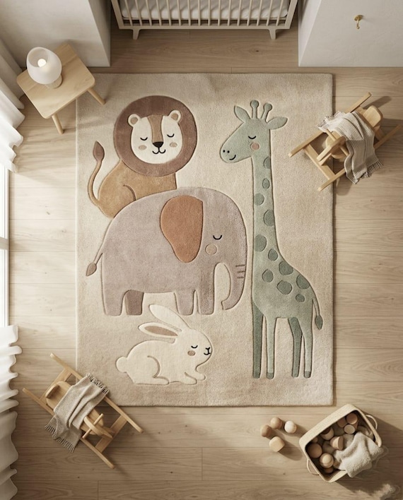 Safari Animal Nursery Rug - Hand-Tufted Wool Kids Rug, Lion Elephant Giraffe Playroom Decor, Beige Gender Baby Rug, Soft Jungle Carpet