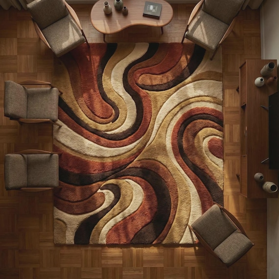 Mid Century Modern Shag Rug, Retro Wavy Area Rug, Earth Tone Abstract Swirl Carpet for Cozy Living Rooms