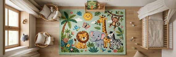 Jungle Safari Nursery Rug - Hand Tufted Wool Kids Room Carpet - Green Animal Play Mat for Baby Boy or Girl Bedroom - Custom Sizes Available
