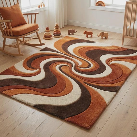 Hand Tufted Wool Geometric Area Rug, Rust Terracotta Modern Square Pattern Carpet for Living Room Bedroom Home Decor