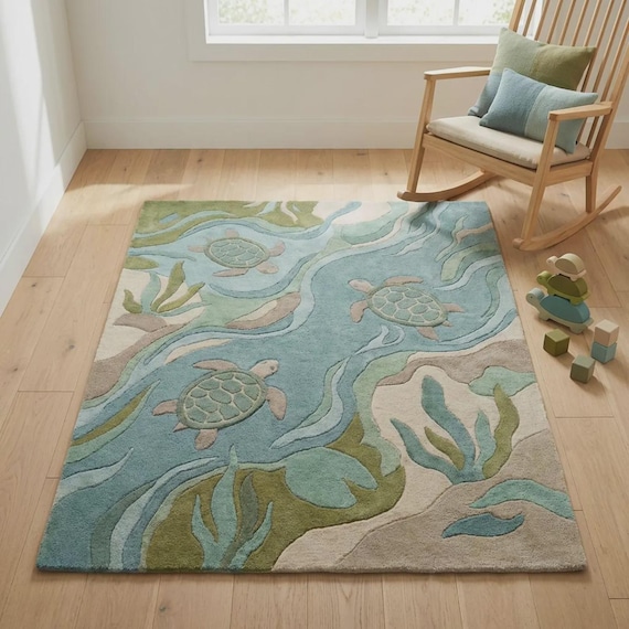 Coastal Sea Turtle Rug, Ocean Themed Area Rug, Beach House Decor, Kids Room Carpet