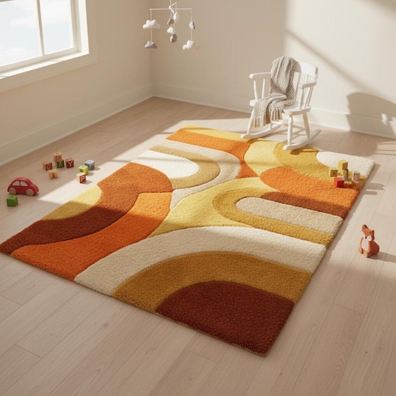 Retro 70s Shag Rug, Orange & Mustard, Mid Century Modern Decor