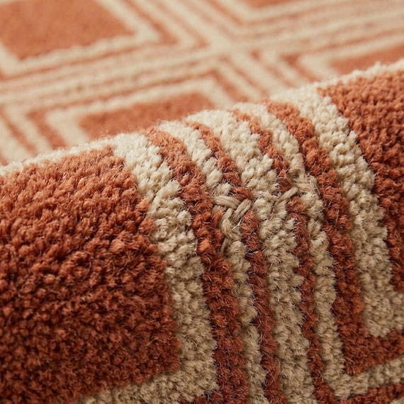 Hand Tufted Wool Geometric Area Rug, Rust Terracotta Modern Square Pattern Carpet for Living Room Bedroom Home Decor