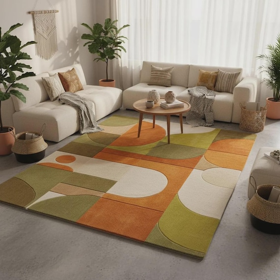Mid Century Modern Shag Rug, Retro Wavy Area Rug, Earth Tone Abstract Swirl Carpet for Cozy Living Rooms