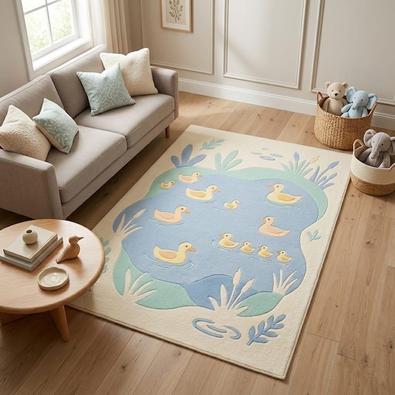 Duck Pond Nursery Rug Handmade New Zealand Wool Kids Room Carpet Baby Nursery Decor Tufted Area Rug Soft Playroom Rug
