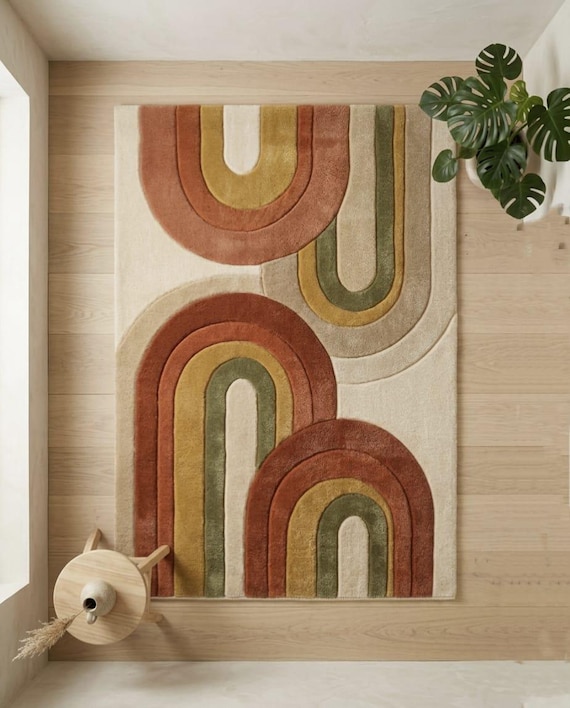 Retro Rainbow Arch Rug - Hand Tufted Wool Area Rug, Terracotta Moss Green Boho Carpet, Mid Century Modern 8X10FT Rug