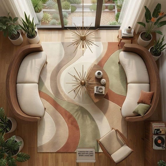 Mid Century Modern Wool Rug, Sage Terracotta Abstract Hand Tufted Carpet