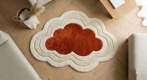 Cloud Shape Handmade Wool Rug, Organic Modern Tufted Carpet, Japandi Plush Area Rug, Sculpted Cream Rust Rug, Custom Size 8x10 9x12