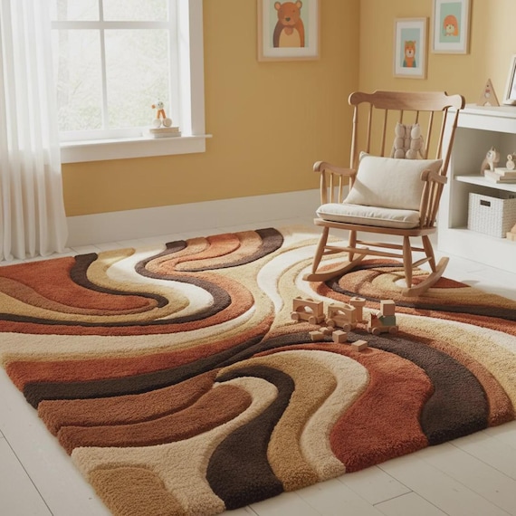 Mid Century Modern Shag Rug, Retro Wavy Area Rug, Earth Tone Abstract Swirl Carpet for Cozy Living Rooms