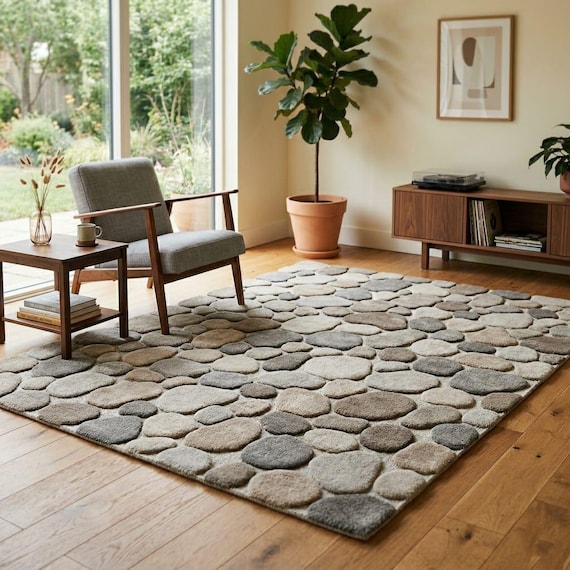 Handmade Pebble Wool Rug | Modern Neutral Area Rug | Tufted New Zealand Wool Carpet | Luxury Living Room Rug