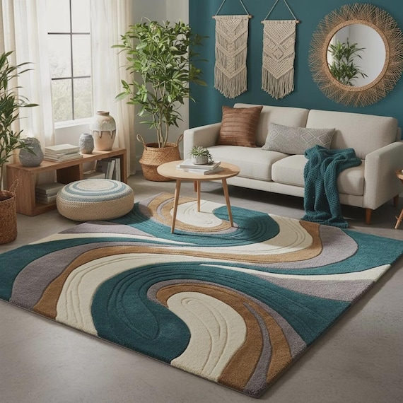 Abstract Area Rug Modern Teal Cream Mid Century Living Room Rug