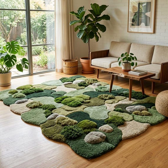 3D Moss Rug, Green Forest Floor Area Rug, Hand Tufted River Stone Wool Carpet for Living Room, Biophilic Home Decor, Custom Size Available