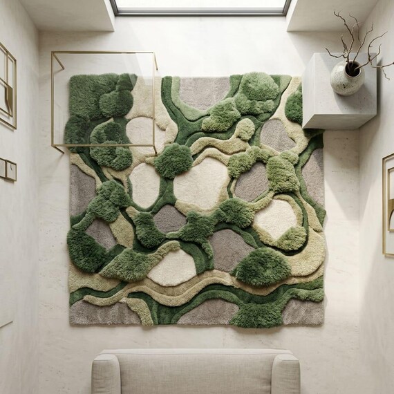 Moss Green Abstract Wool Rug, Sculptural Contour Hand Tufted, Organic Plush High Pile