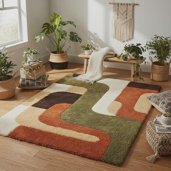 Mid Century Modern Area Rug – Geometric Plush Pile, Terracotta & Olive