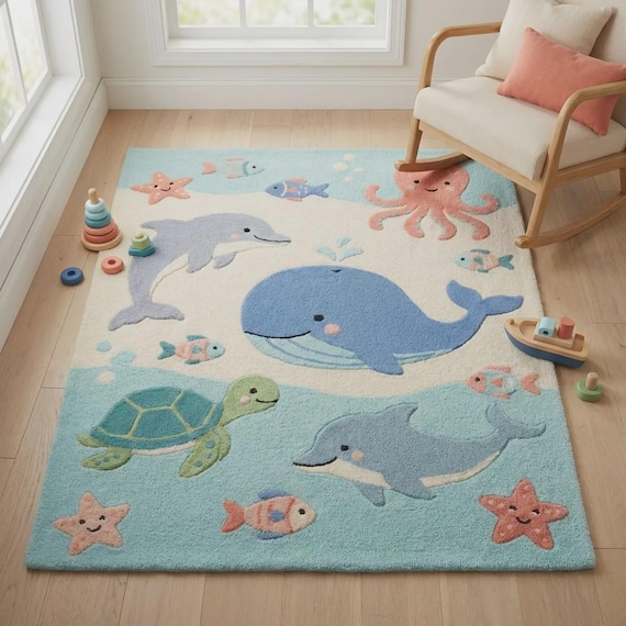 Ocean Animal Kids Rug, Whale Dolphin Nursery Carpet, Soft Playroom Area Rug Decor