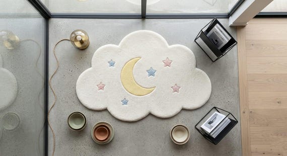 Cloud Moon Nursery Rug, Handmade Kids Room Rug, Plush NZ Wool Cloud Carpet, Scandinavian Baby Room Decor, Custom Size 5x7 8x10