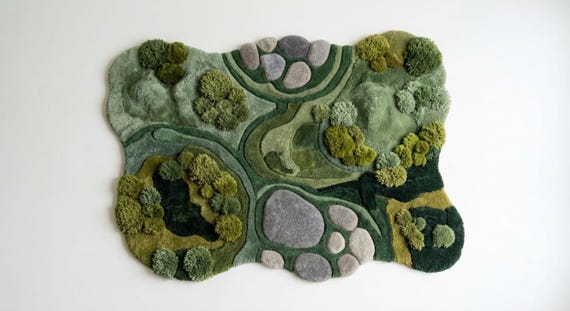 Organic Moss Landscape Rug, Handmade Tufted Wool Rug, Japandi Sculpted Area Rug, Luxury Green Abstract Rug, Custom Size 8x10 9x12